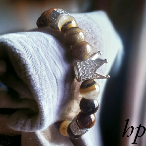 Tigers Eye Handcrafted Beaded Bracelet with Silver CZ Crown & Accent Beads - Picture 1 of 5
